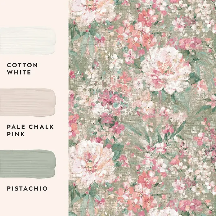 Laura Ashley Vliestapete Gemalte Blumen - Grün, Floral, 1.000 x 52 cm - Farbpalette mit Farbmustern: Baumwollweiß, Blasses Kreidepink, Pistazie, kombiniert mit passendem Blumendesign.