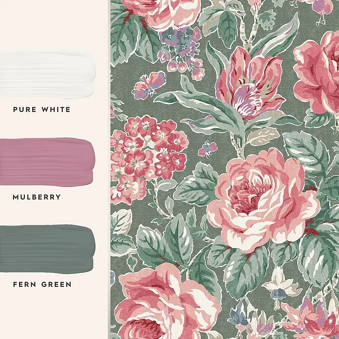 Laura Ashley Vliestapete Wildrosen - Grün, Floral, 1.000 x 52 cm - Florale Mustertapete mit rosa, roten, violetten Blumen, grünen Blättern auf dunkelgrünem Hintergrund und Farbmuster: Reinweiß, Maulbeere, Farnengrün.