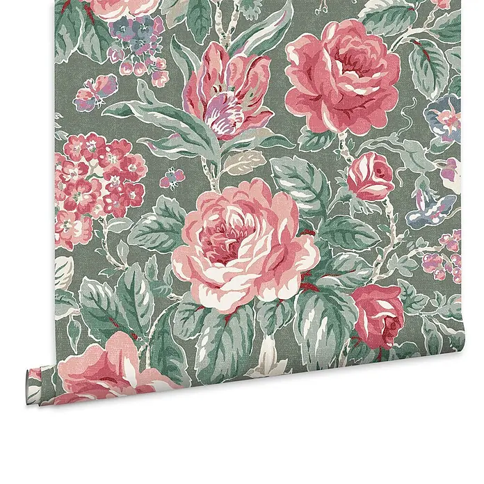 Laura Ashley Vliestapete Wildrosen - Grün, Floral, 1.000 x 52 cm - Tapetenrolle mit floralem Vintage-Muster, großen rosa Rosen und grünen Blättern auf dunkelgrünem Grund.