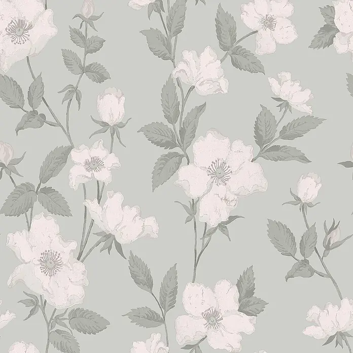 Laura Ashley Vliestapete Vliestapete Fleurir - Grün, Floral, 10 x 0,52 m - Nahtloses Muster mit weißen Blüten und grünen Blättern.