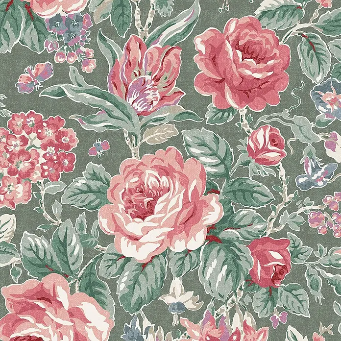 Laura Ashley Vliestapete Wildrosen - Grün, Floral, 1.000 x 52 cm - Vintage Blumenmuster mit rosa Rosen und grünen Blättern.