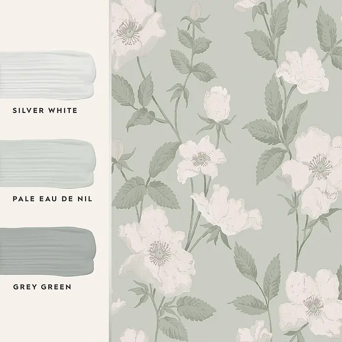 Laura Ashley Vliestapete Vliestapete Fleurir - Grün, Floral, 10 x 0,52 m - Hellgrüne Blumentapete mit weißen und roséfarbenen Blüten, ergänzt durch passende Farbproben: Silver White, Pale Eau de Nil, Grey Green.