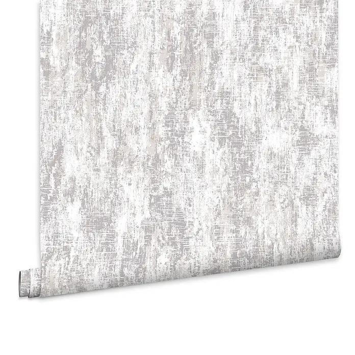 Laura Ashley Vliestapete Whinfell - Grau/Weiß, Uni, 1.000 x 52 cm - Tapetenrolle mit strukturiertem hellgrau-weißem abstraktem Muster, teilweise abgerollt.