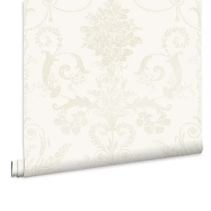 Laura Ashley Vliestapete Josette Damast - Weiß, Ornament, 1.000 x 52 cm - Rolle cremefarbener Tapete mit aufwendigem barockem Blumen- und Rankenmuster.