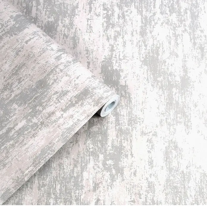 Laura Ashley Vliestapete Whinfell - Grau/Weiß, Uni, 1.000 x 52 cm - Grau-weiß gemusterte Tapetenrolle mit Used-Look, teilweise ausgerollt, um Textur und Design zu zeigen.
