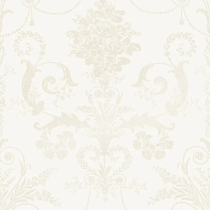 Laura Ashley Vliestapete Josette Damast - Weiß, Ornament, 1.000 x 52 cm - Subtile cremefarbene Damasttapete mit opulenten Blumensträußen, Ranken und Perlengirlanden.
