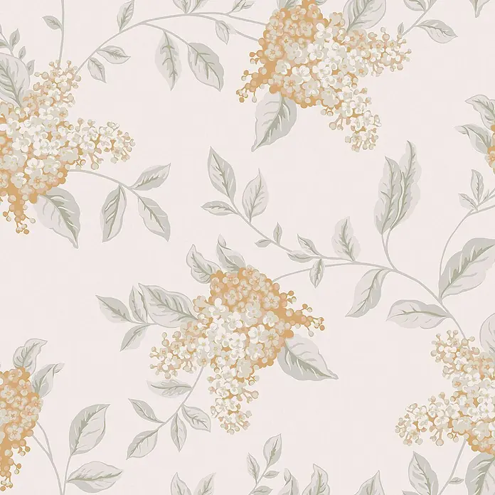 Laura Ashley Vliestapete Portland - Orange, Floral, 1.000 x 52 cm - Nahtloses Blumenmuster mit kleinen weißen und hellorangen Blüten und hellgrünen Blättern.