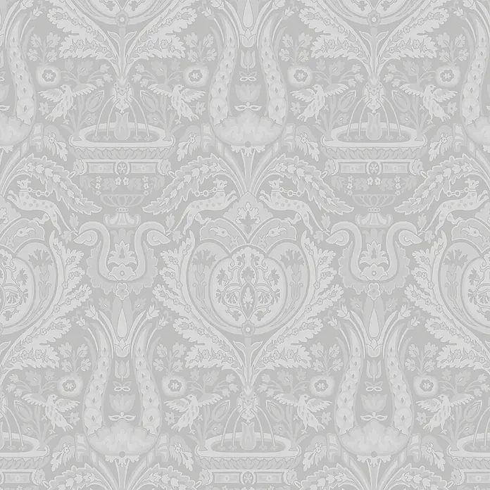 Laura Ashley Vliestapete Heraldic Damast - Grau, Floral, 1.000 x 52 cm - Hellgraue Tapete mit einem aufwendigen, sich wiederholenden Muster aus stilisierten Vögeln, Pflanzen, Springbrunnen und Hirschen.
