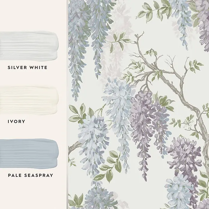 Laura Ashley Vliestapete Glyziniengarten - Blau/Rosa, Floral, 1.000 x 52 cm - Tapete mit Glyzinien-Design in Blau, Violett und Grün, dazu Farbmuster: Silver White, Ivory, Pale Seaspray.