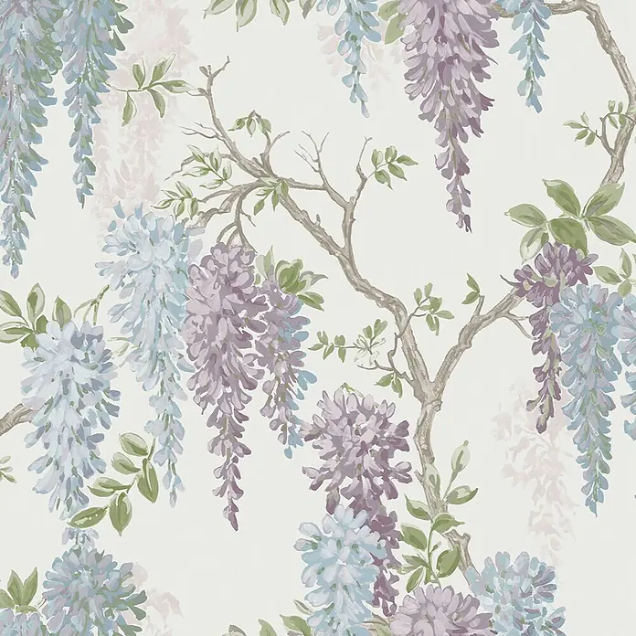 Laura Ashley Vliestapete Glyziniengarten - Blau/Rosa, Floral, 1.000 x 52 cm - Nahtloses Muster aus Glyzinienzweigen mit lila und blauen Blüten sowie grünen Blättern.