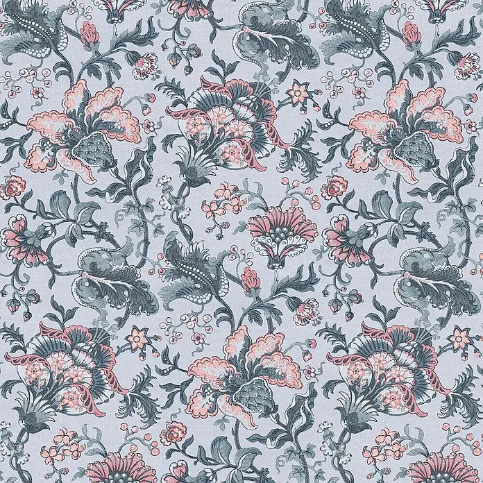 Laura Ashley Vliestapete Portia - Grau, Floral, 1.000 x 52 cm - Nahtloses Textilmuster mit komplexen Blumen- und Pflanzenmotiven in Graublau und gedämpftem Rosa.