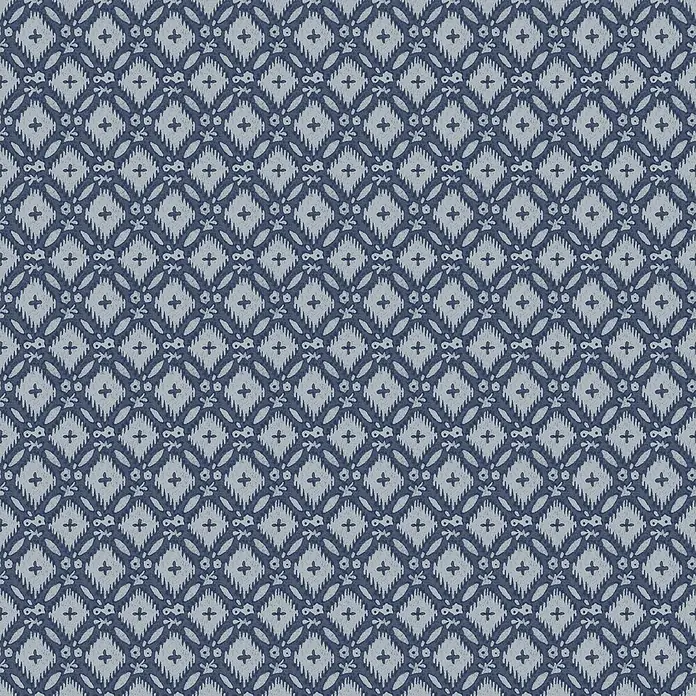 Laura Ashley Vliestapete Whitebrook - Blau, Floral, 1.000 x 52 cm - Blau-graues Ikat-Rautenmuster mit Kreuzmotiven, das ein Gitter bildet.