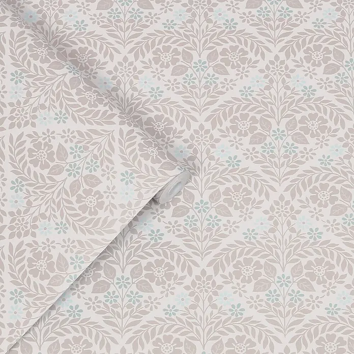 Laura Ashley Vliestapete Margam - Grau, Floral, 1.000 x 52 cm - Tapetenrolle mit zartem beige-hellblauem Blumenmuster.