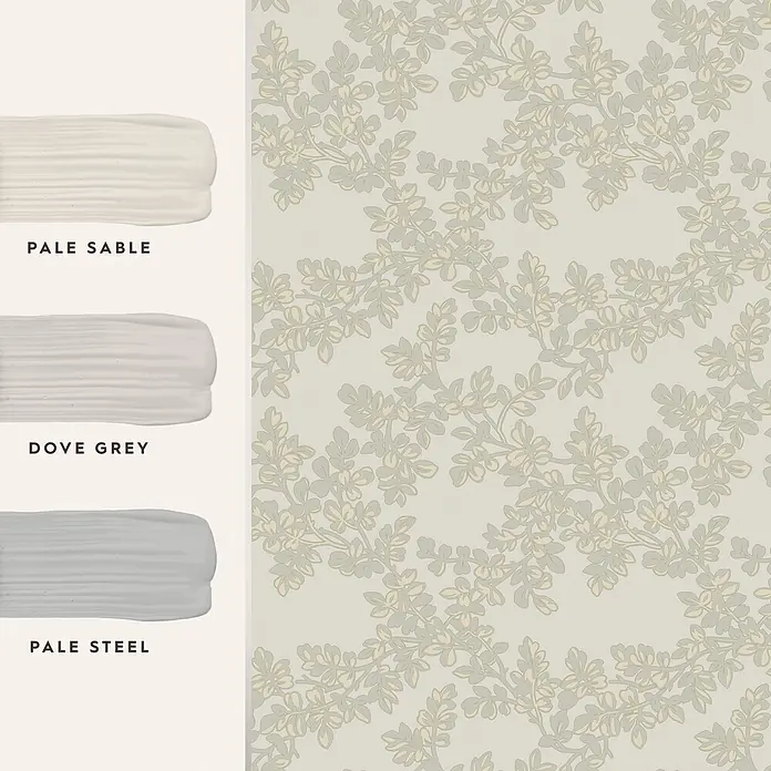 Laura Ashley Vliestapete Burnham - Hellgrau, Floral, 1.000 x 52 cm - Drei Farbpaletten (Pale Sable, Dove Grey, Pale Steel) neben einem passenden botanischen Tapetenmuster.