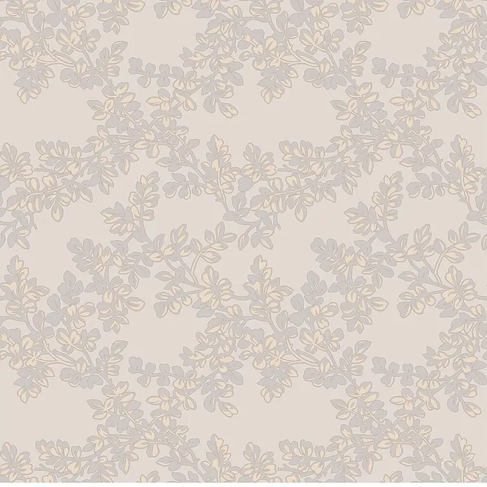 Laura Ashley Vliestapete Burnham - Hellgrau, Floral, 1.000 x 52 cm - Nahtloses Muster aus grauen und beigen botanischen Zweigen und Blättern auf hellem Beigegrund.