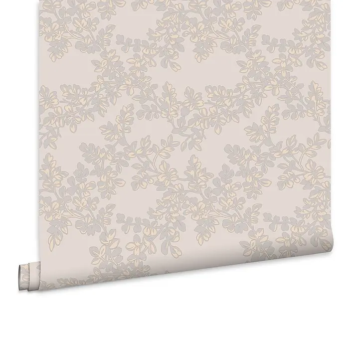 Laura Ashley Vliestapete Burnham - Hellgrau, Floral, 1.000 x 52 cm - Gerollte Tapete mit hellem Beigegrund und grauem sowie cremefarbenem Rankenmuster.