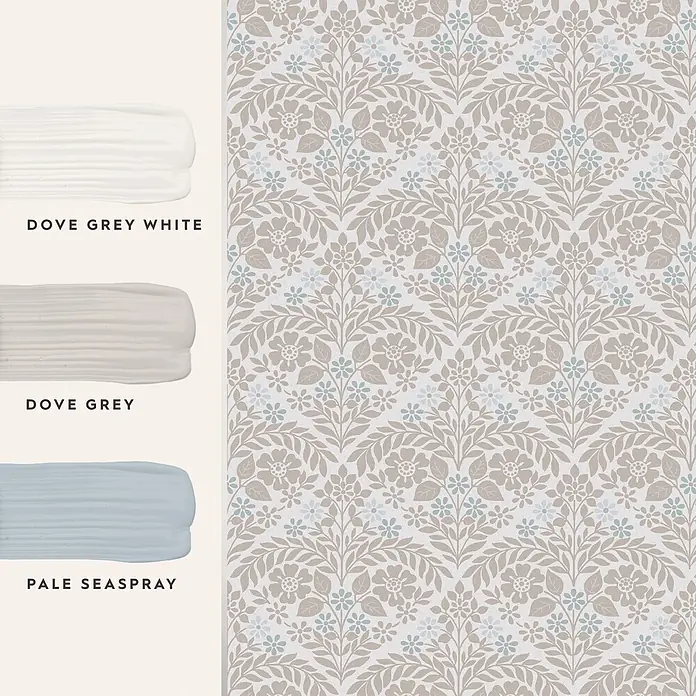 Laura Ashley Vliestapete Margam - Grau, Floral, 1.000 x 52 cm - Florale Tapete in Taupe und Hellblau, gezeigt mit passenden Farbmustern: Dove Grey White, Dove Grey und Pale Seaspray.