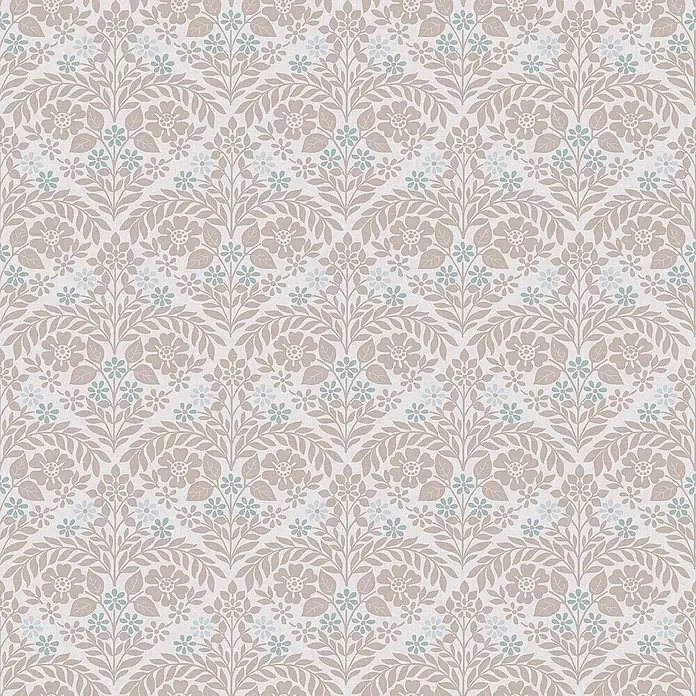Laura Ashley Vliestapete Margam - Grau, Floral, 1.000 x 52 cm - Nahtloses Blumenmuster mit hellbraunem Laub und Blüten, akzentuiert durch kleinere hellblaue Blumen.