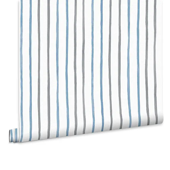 Laura Ashley Vliestapete Vliestapete malerische Streifen - Blau, Floral - Entrollte Tapete mit handgemalten blauen und grauen Aquarellstreifen.