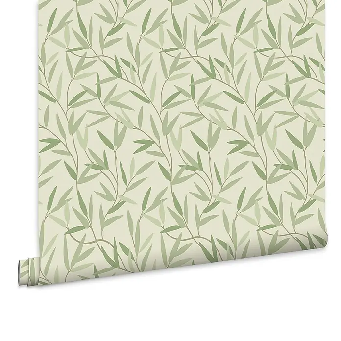 Laura Ashley Vliestapete Weidenblatt - Grün, Floral, 1.000 x 52 cm - Tapetenrolle mit hellem beigem Hintergrund und einem Muster aus verschiedenen grünen Blättern auf dünnen Ästen.