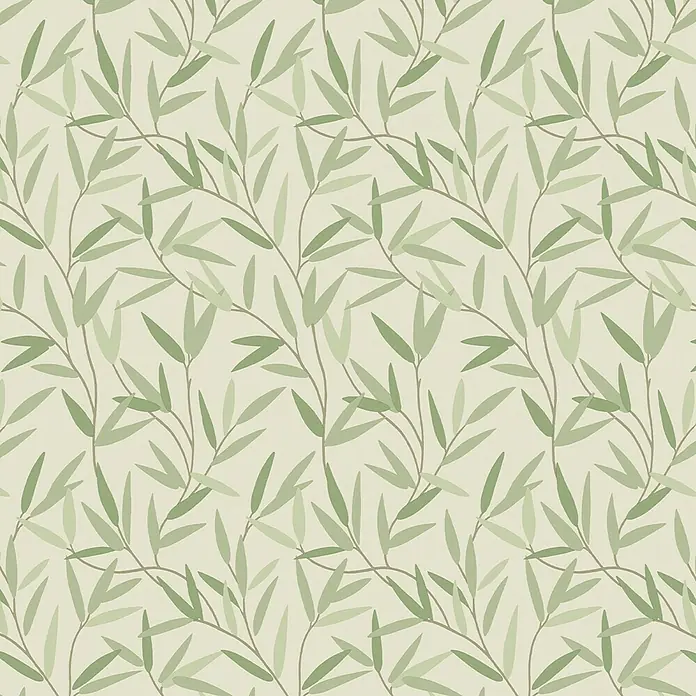 Laura Ashley Vliestapete Weidenblatt - Grün, Floral, 1.000 x 52 cm - Nahtloses Muster mit hell- und dunkelgrünen Blättern an zarten Zweigen.