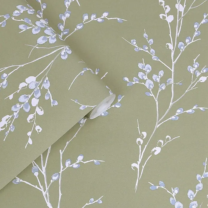 Laura Ashley Vliestapete Weidenkätzchen - Grün, Floral, 1.000 x 52 cm - Grüntapete mit weißem und blauem Weidenkätzchenmuster.