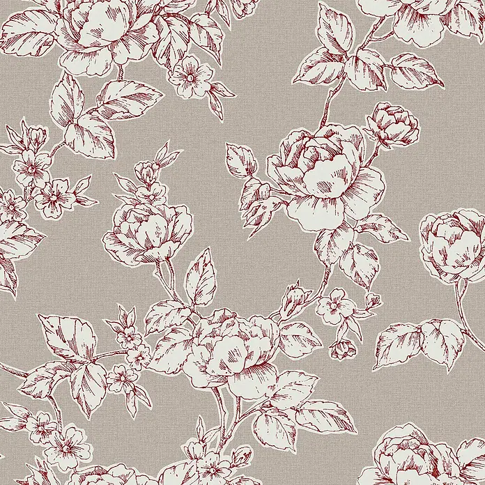 Laura Ashley Vliestapete Pollington rosen - Grau, Floral, 1.000 x 52 cm - Nahtloses Blumenmuster mit weißen Blüten und Blättern in Rotbraun.