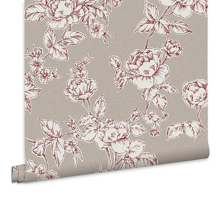 Laura Ashley Vliestapete Pollington rosen - Grau, Floral, 1.000 x 52 cm - Florale Tapetenrolle mit roten Blumenkonturen und Blättern auf taupefarbenem Leinenhintergrund.