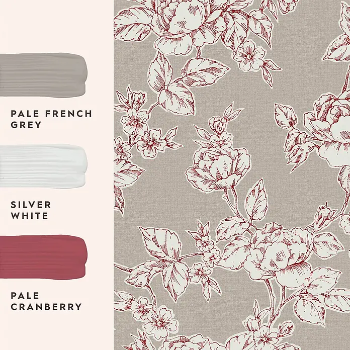 Laura Ashley Vliestapete Pollington rosen - Grau, Floral, 1.000 x 52 cm - Florales Mustergewebe mit rot umrandeten, weiß gefüllten Blumen auf Hellgrau, dazu passende Farbmuster.