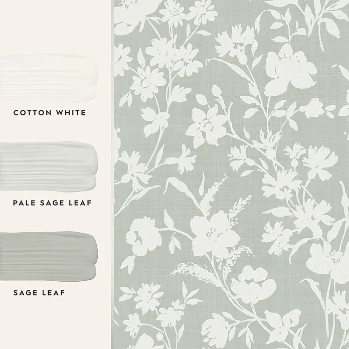 Laura Ashley Vliestapete Rye Blumen Monoprint - Grün, Floral, 1.000 x 52 cm - Farbmuster Cotton White, Pale Sage Leaf, Sage Leaf neben salbeigrüner Tapete mit weißem Blumenmuster.