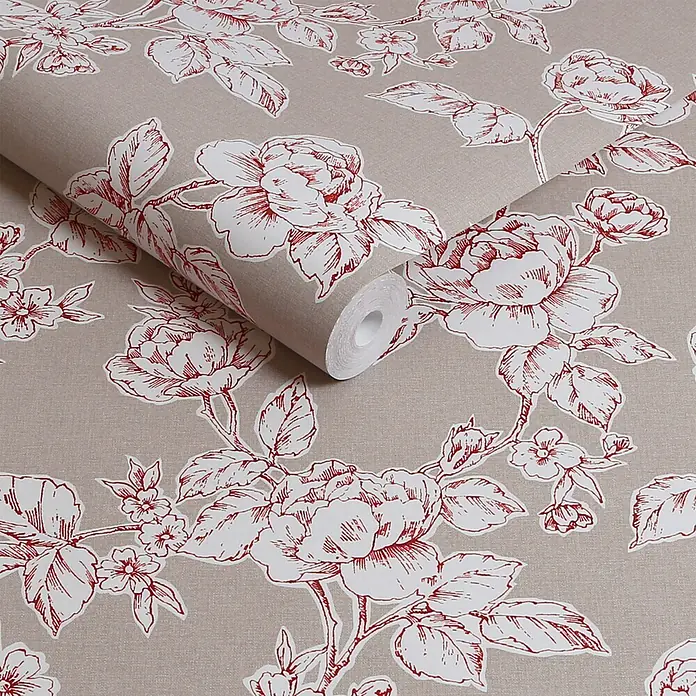 Laura Ashley Vliestapete Pollington rosen - Grau, Floral, 1.000 x 52 cm - Blumen-Tapetenrolle mit rot umrandeten weißen Blüten auf beigem Hintergrund.
