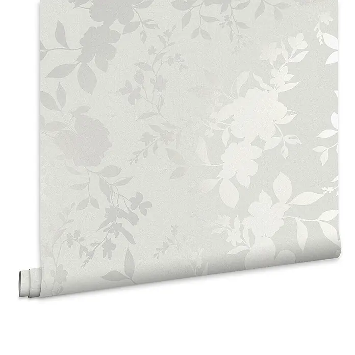 Laura Ashley Vliestapete Westbourne - Silber, Floral, 1.000 x 52 cm - Hellgraue Tapetenrolle mit dezentem, geprägtem Blumenmuster, teilweise abgerollt.