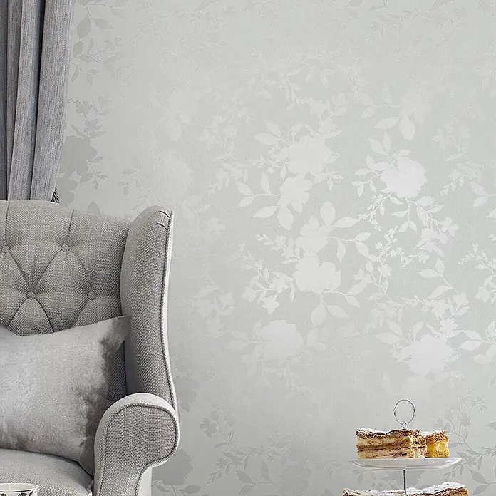 Laura Ashley Vliestapete Westbourne - Silber, Floral, 1.000 x 52 cm - Zarte weiße Blumentapete mit filigranem Muster, die eine sanfte, elegante Raumästhetik schafft.