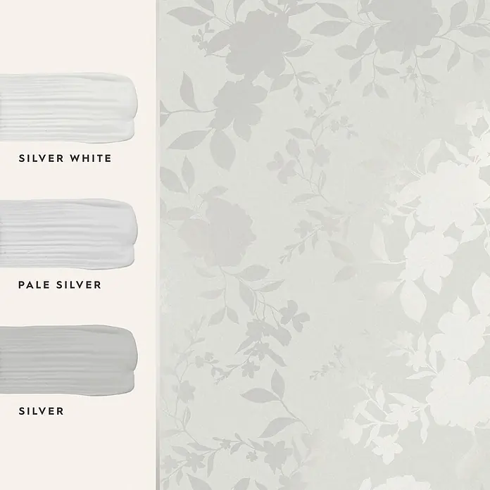 Laura Ashley Vliestapete Westbourne - Silber, Floral, 1.000 x 52 cm - Silbergraue Blumentapete mit subtilem Glanz, gezeigt mit Farbproben: Silberweiß, Blasssilber und Silber.