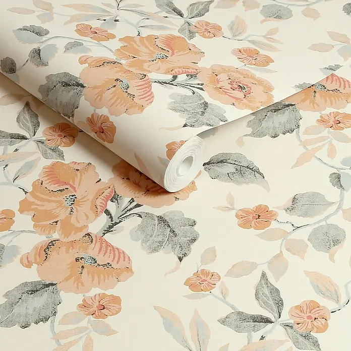 Laura Ashley Vliestapete Hibiskusblüten - Orange/Weiß, Floral, 1.000 x 52 cm - Abgerollte Tapete mit pfirsichfarbenem Blumen- und grauem Blättermuster.