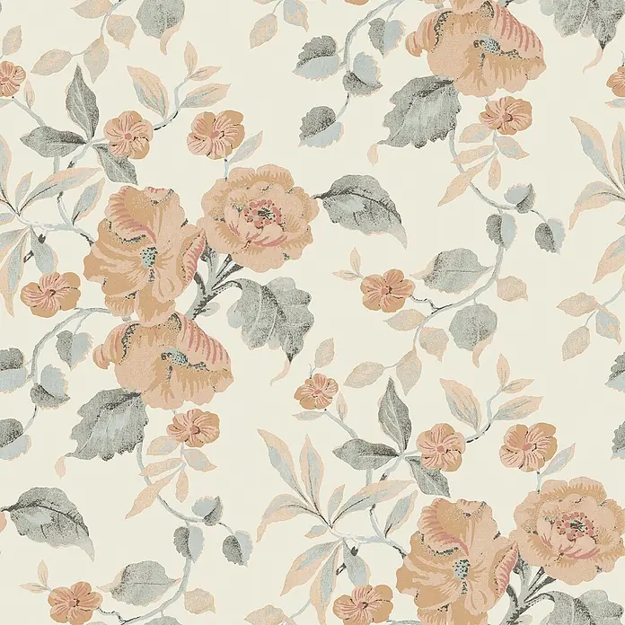 Laura Ashley Vliestapete Hibiskusblüten - Orange/Weiß, Floral, 1.000 x 52 cm - Nahtloses Blumenmuster mit pfirsichfarbenen Blüten, salbeigrünen und blauen Blättern.