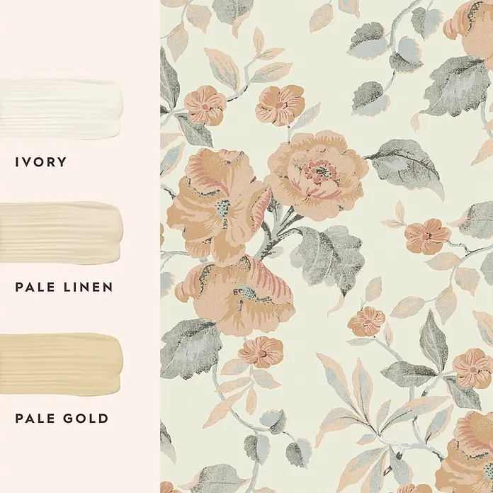 Laura Ashley Vliestapete Hibiskusblüten - Orange/Weiß, Floral, 1.000 x 52 cm - Drei Farbmuster: Ivory, Pale Linen, Pale Gold, neben einer floralen Tapete mit pfirsich-/rosafarbenen Blüten und grau-/blauen Blättern auf cremefarbenem Hintergrund.
