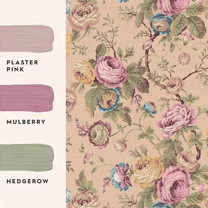 Laura Ashley Vliestapete elegante Rosen - Rosa, Floral, 1.000 x 52 cm - Geblümter Stoff mit lila, gelben, blauen Blüten und grünen Blättern, mit Farbmustern: Plaster Pink, Mulberry, Hedgerow.