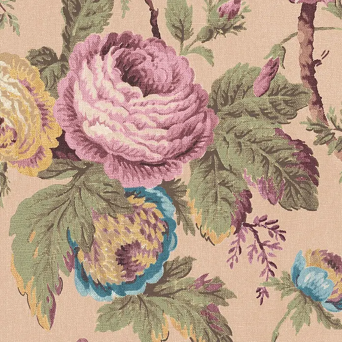 Laura Ashley Vliestapete elegante Rosen - Rosa, Floral, 1.000 x 52 cm - Webstoff mit Blumenmuster: lila, gelbe, blaue Blüten und grüne Blätter auf Beige.