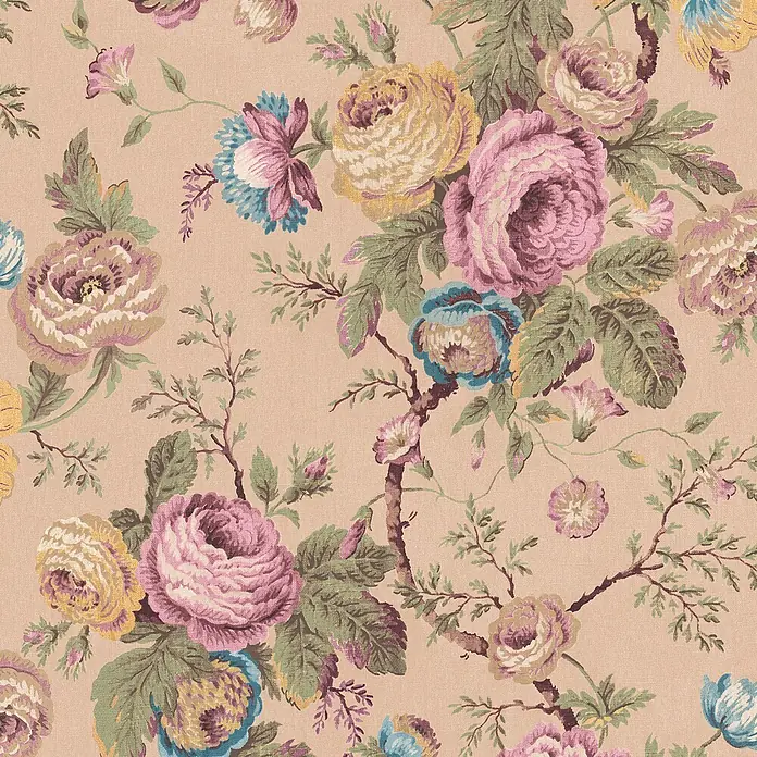 Laura Ashley Vliestapete elegante Rosen - Rosa, Floral, 1.000 x 52 cm - Vintage-Blumenstoff mit lila, gelben und blauen Rosen und grünen Blättern auf beigem Hintergrund.