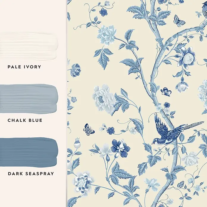 Laura Ashley Vliestapete Sommerpalast - Blau, Floral, 1.000 x 52 cm - Florale Tapete in Blau und Elfenbein mit passenden Farbmustern: Hell-Elfenbein, Kreideblau, Dunkles Meeresspray.