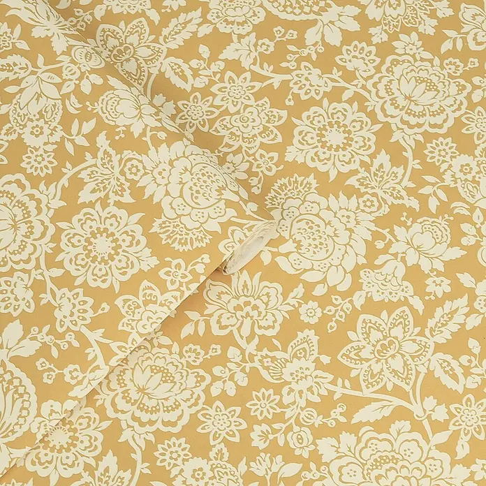Laura Ashley Vliestapete Trailing Laurissa - Gelb, Floral, 1.000 x 52 cm - Senfgelbe Tapetenrolle mit cremeweißem Blumenmuster.