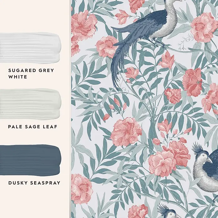 Laura Ashley Vliestapete Vliestapete Osterley - Blau/Rosa, Tieroptik, 10 x 0,52 m - Tapetenmuster mit Vögeln und Blumen in Koralle, Türkisgrün und Blau-Grau, plus passender Farbpalette.