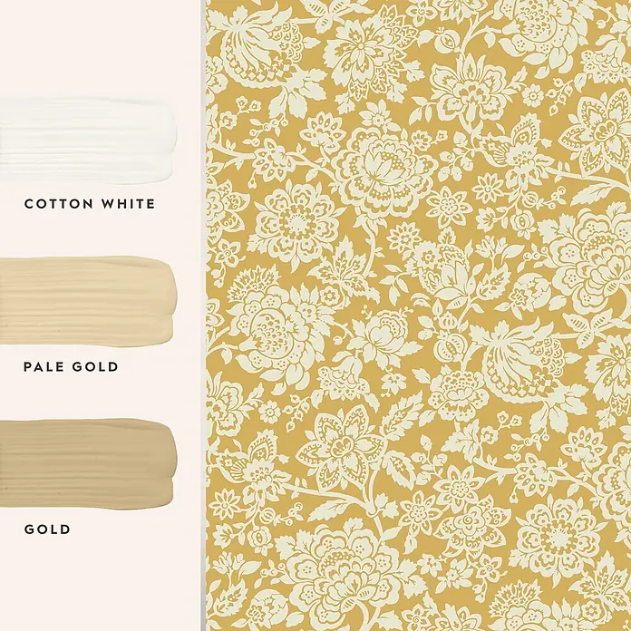 Laura Ashley Vliestapete Trailing Laurissa - Gelb, Floral, 1.000 x 52 cm - Florale Tapete in Cremeweiß auf Gold, mit passenden Farbmustern: Cotton White, Pale Gold, Gold.