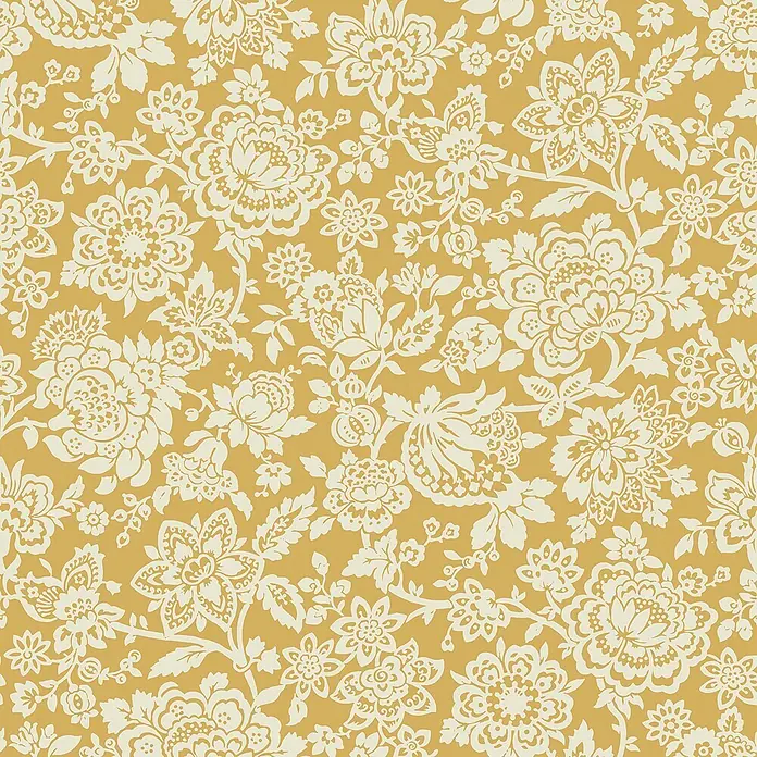 Laura Ashley Vliestapete Trailing Laurissa - Gelb, Floral, 1.000 x 52 cm - Nahtloses Blumenmuster mit stilisierten cremefarbenen Blüten und Blättern auf senfgelbem Hintergrund.