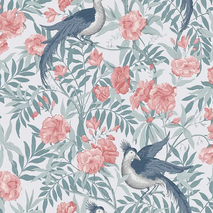 Laura Ashley Vliestapete Vliestapete Osterley - Blau/Rosa, Tieroptik, 10 x 0,52 m - Nahtloses Muster mit blauen Vögeln, rosa Blüten und graugrünem Blattwerk.