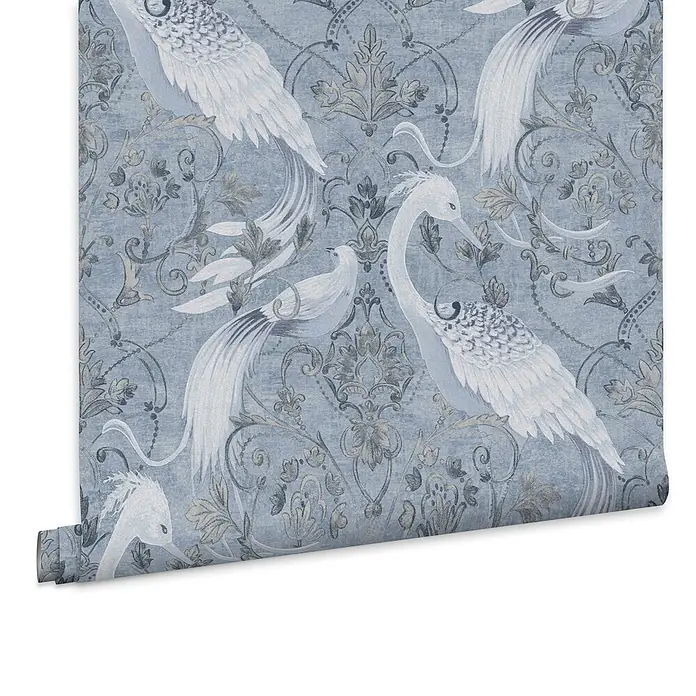Laura Ashley Vliestapete Tregaron - Blau, Tieroptik, 1.000 x 52 cm - Rolle blaue Tapete mit detailreichem Muster aus weißen Vögeln und Blumenmotiven.