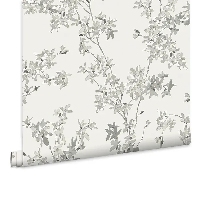 Laura Ashley Vliestapete Forstyhia Blumen - Grau, Floral, 1.000 x 52 cm - Tapetenrolle mit zartem grauem Aquarell-Blumenmuster auf hellem Hintergrund.