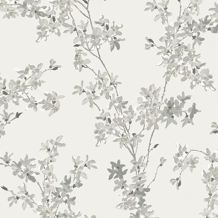Laura Ashley Vliestapete Forstyhia Blumen - Grau, Floral, 1.000 x 52 cm - Nahtloses Aquarell-Blumenmuster mit grauen und weißen Blüten auf zarten Zweigen.
