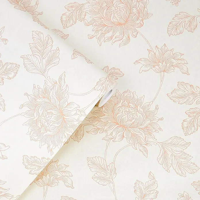 Laura Ashley Vliestapete Vliestapete Stratton - Rosa, Floral, 10 x 0,52 m - Tapetenrolle mit hellem Hintergrund und pfirsich-orangem Blumenmuster mit Chrysanthemenblüten und Blättern.